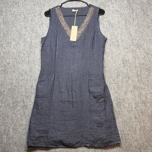 Lina Tomei Women's Elegant Navy Blue Sleeveless Dress w Silver Beaded Neckline
